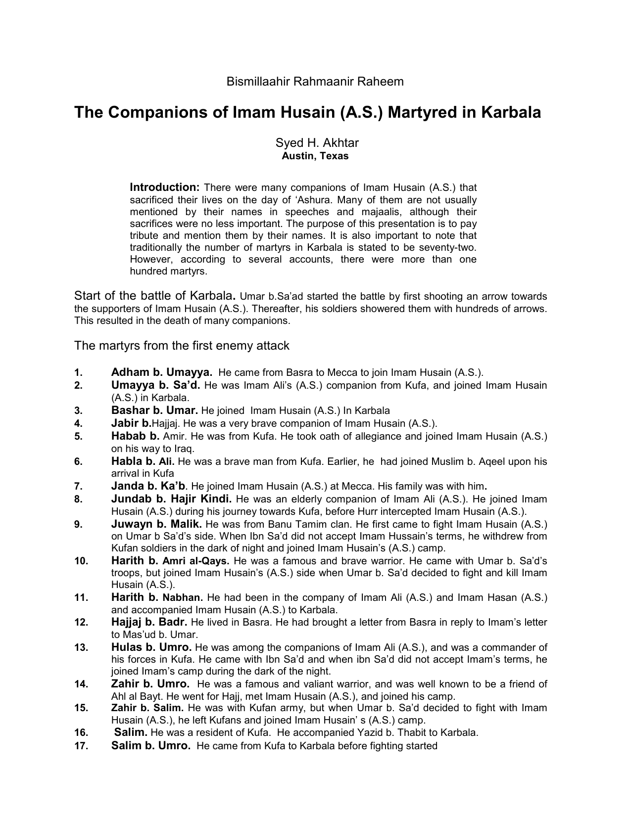 The Companions of Imam Husain (A.S.) Martyred in Karbala