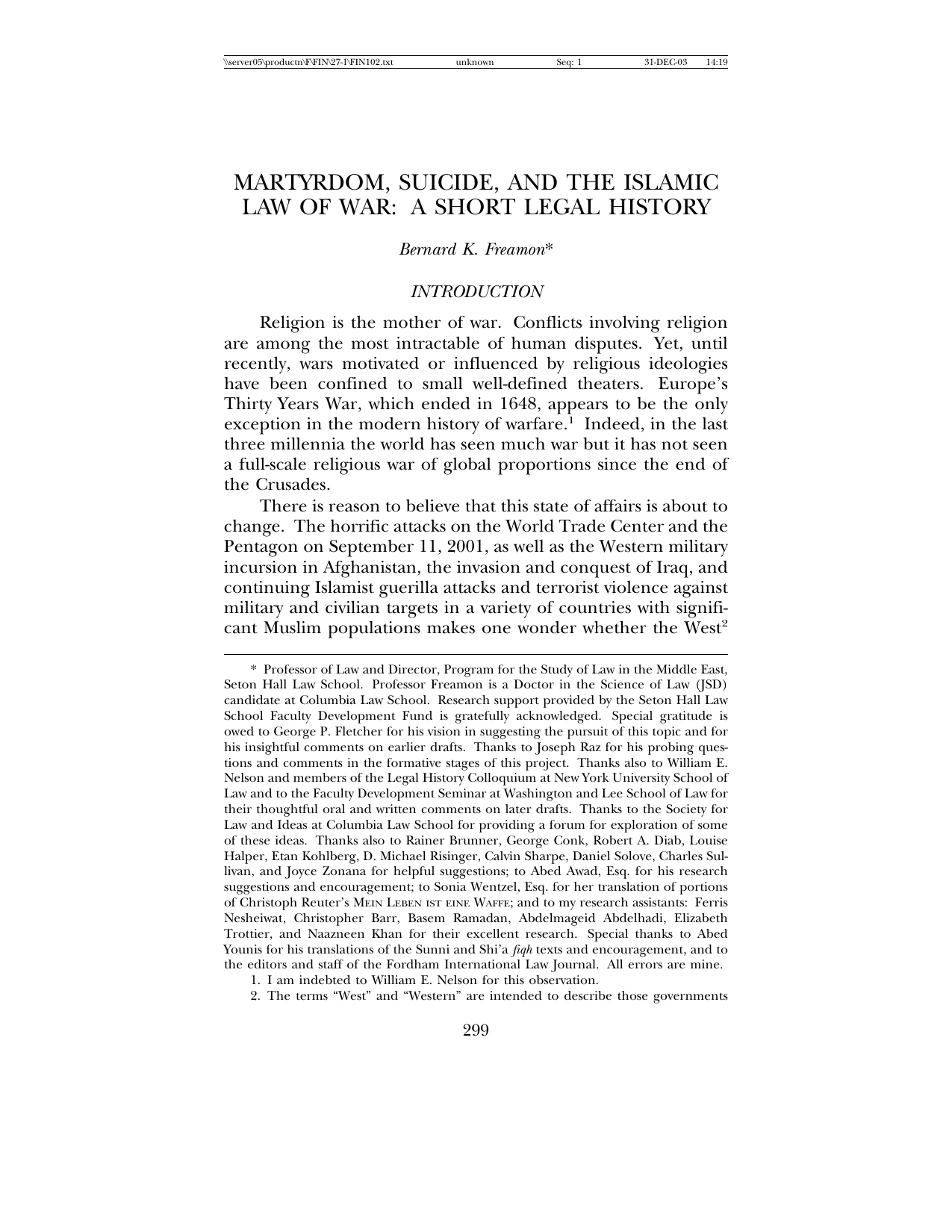 Martyrdom, Suicide, And The Islamic Law Of War: A Short Legal History
