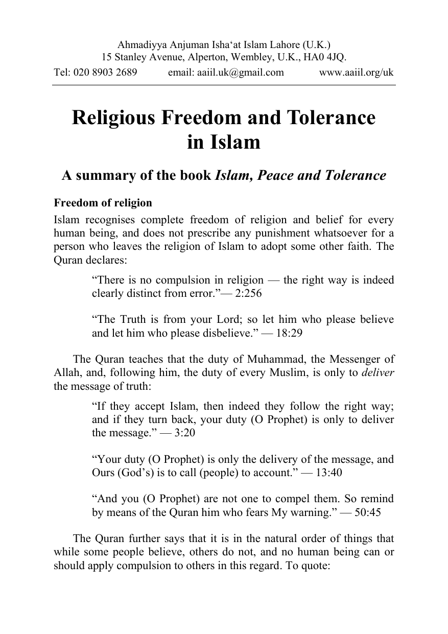 Religious Freedom and Tolerance in Islam