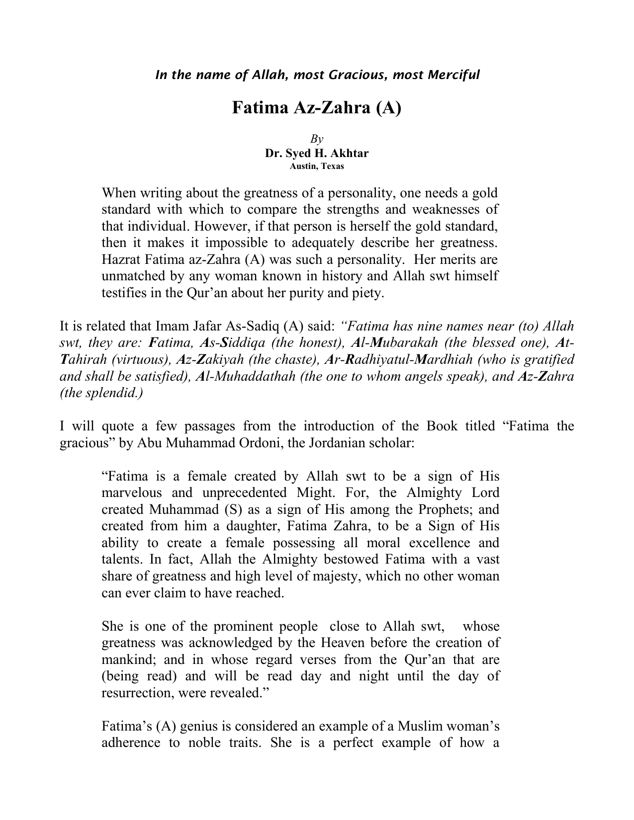 Fatima Az-Zahra (A)