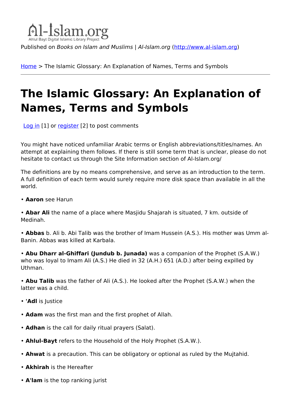 The Islamic Glossary: An Explanation of Names, Terms and Symbols