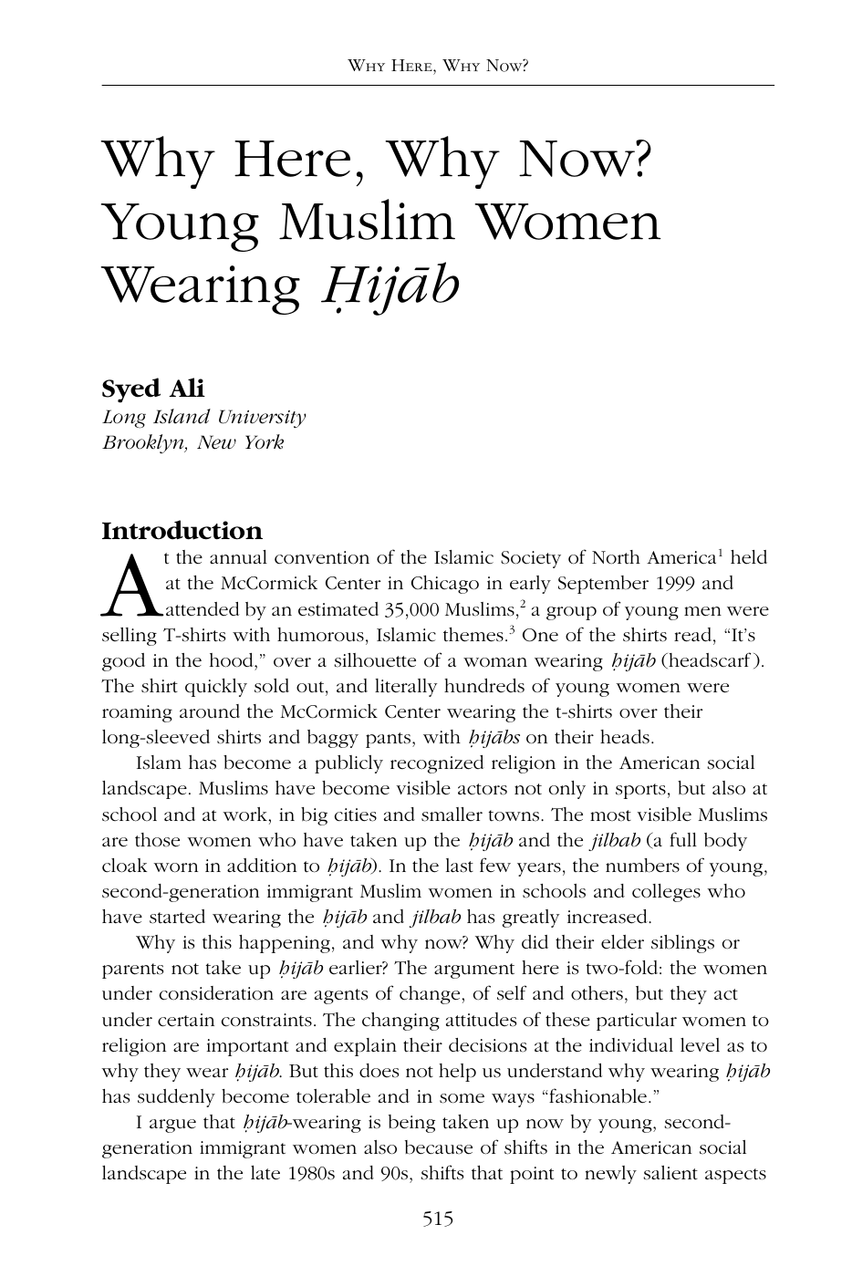 Why Here, Why Now? Young Muslim Women Wearing Hijab