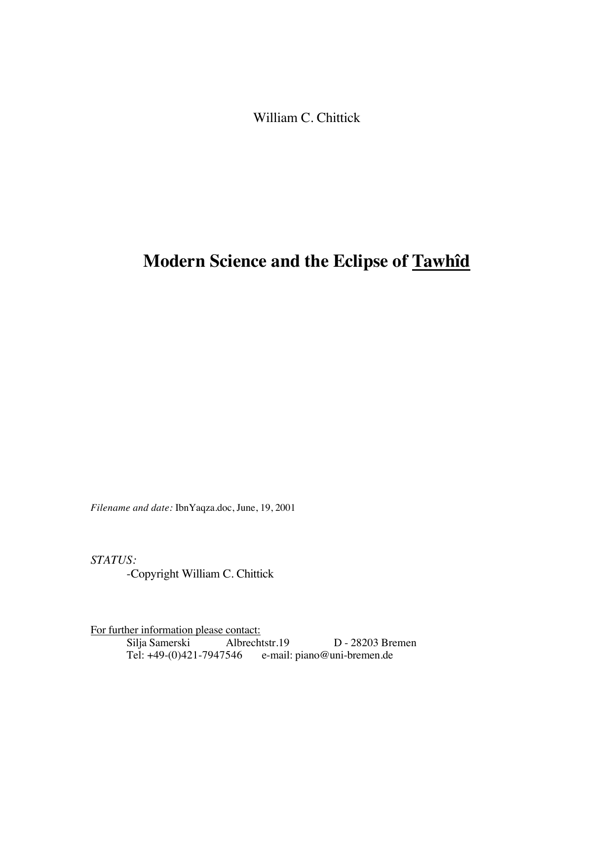 Modern Science And The Eclipse Of Tawhid