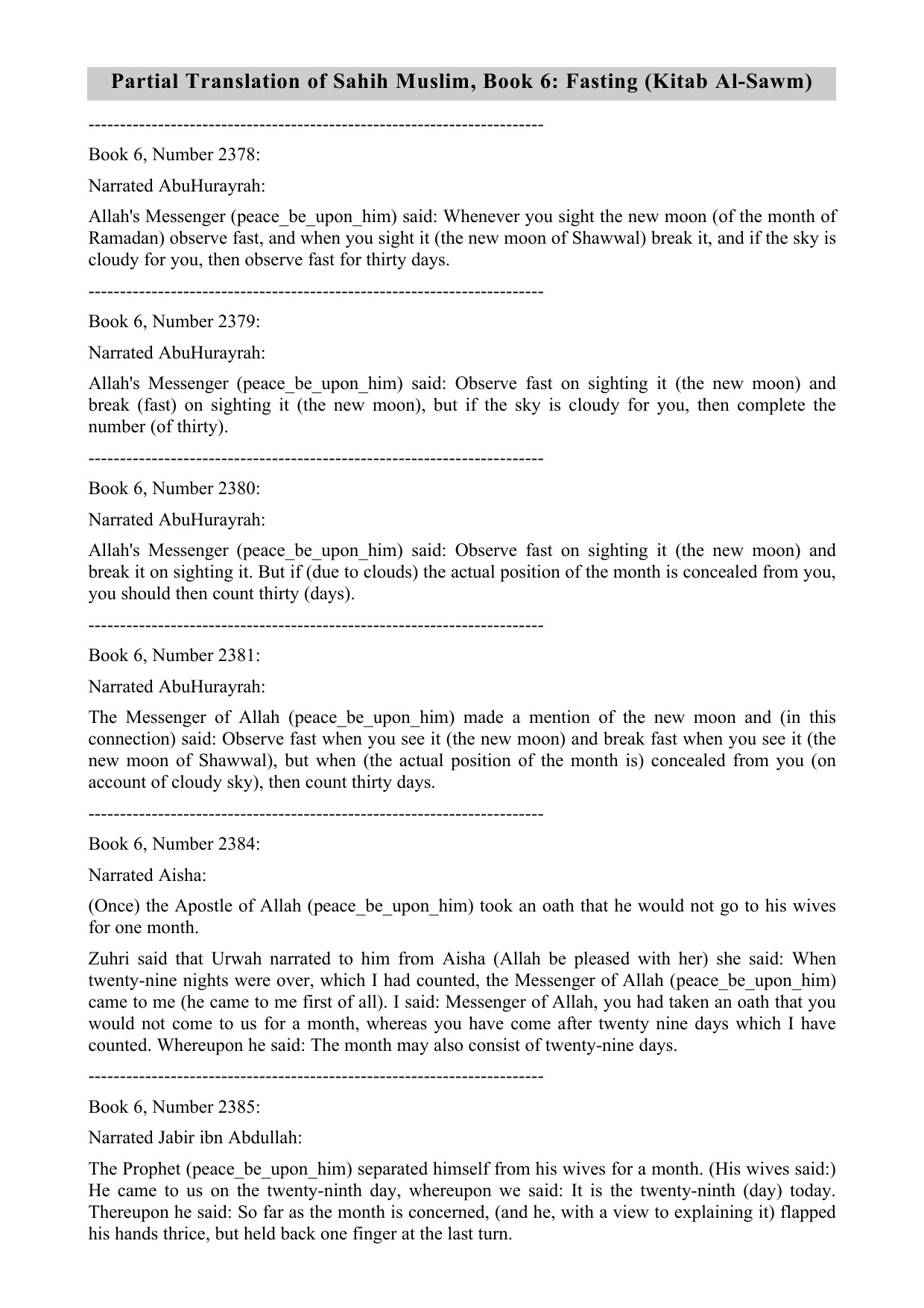 Partial Translation of Sahih Muslim