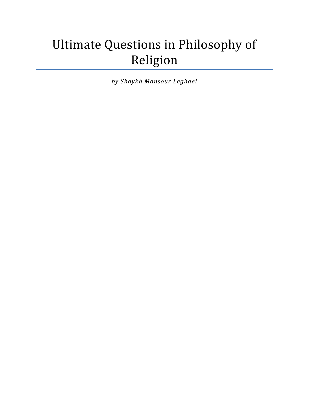 Ultimate Questions in Philosophy of Religion