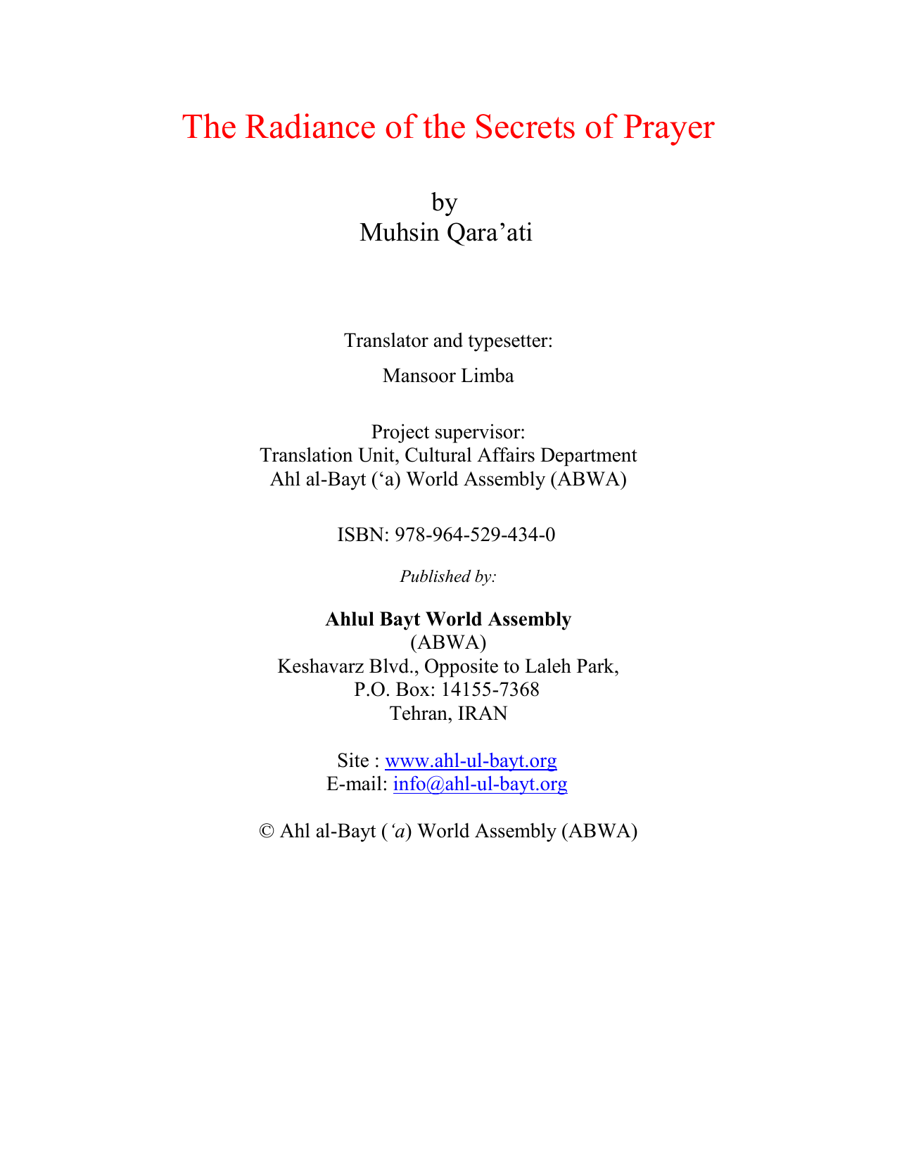 The Radiance of the Secrets of Prayer