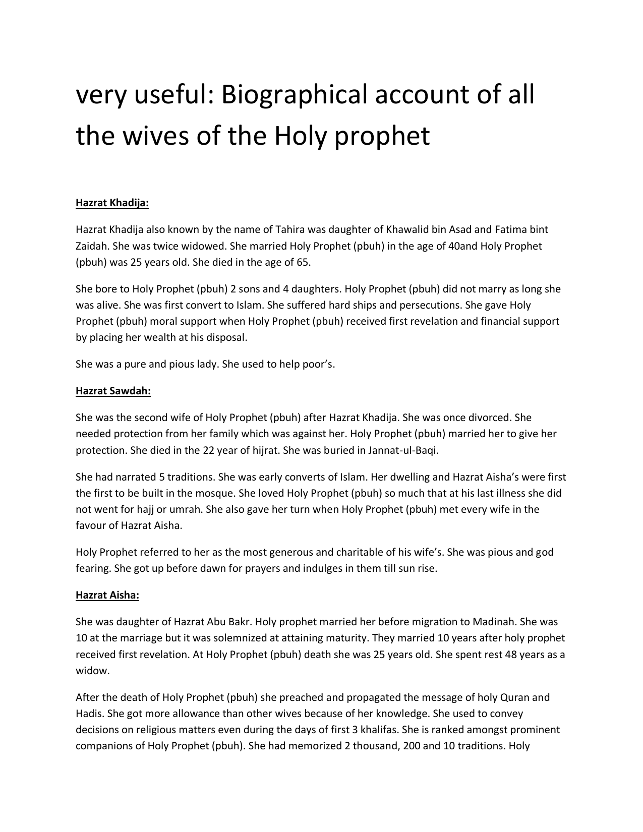 Biographical Account Of All The Wives Of The Holy Prophet